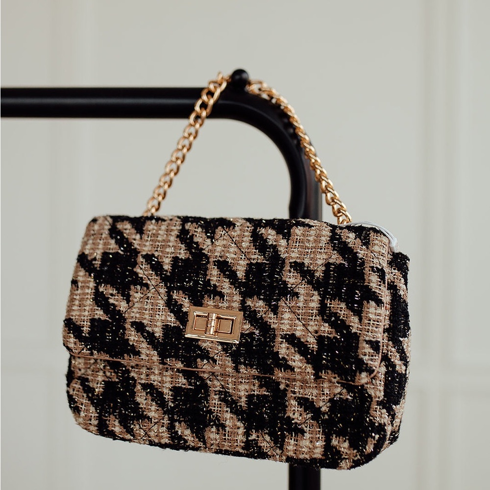 Black & Tan Tweed Crossbody Bag with gold chain